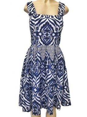 eva mendes for New York & Company Blue & White Ikat Fit & Flare Midi Dress
